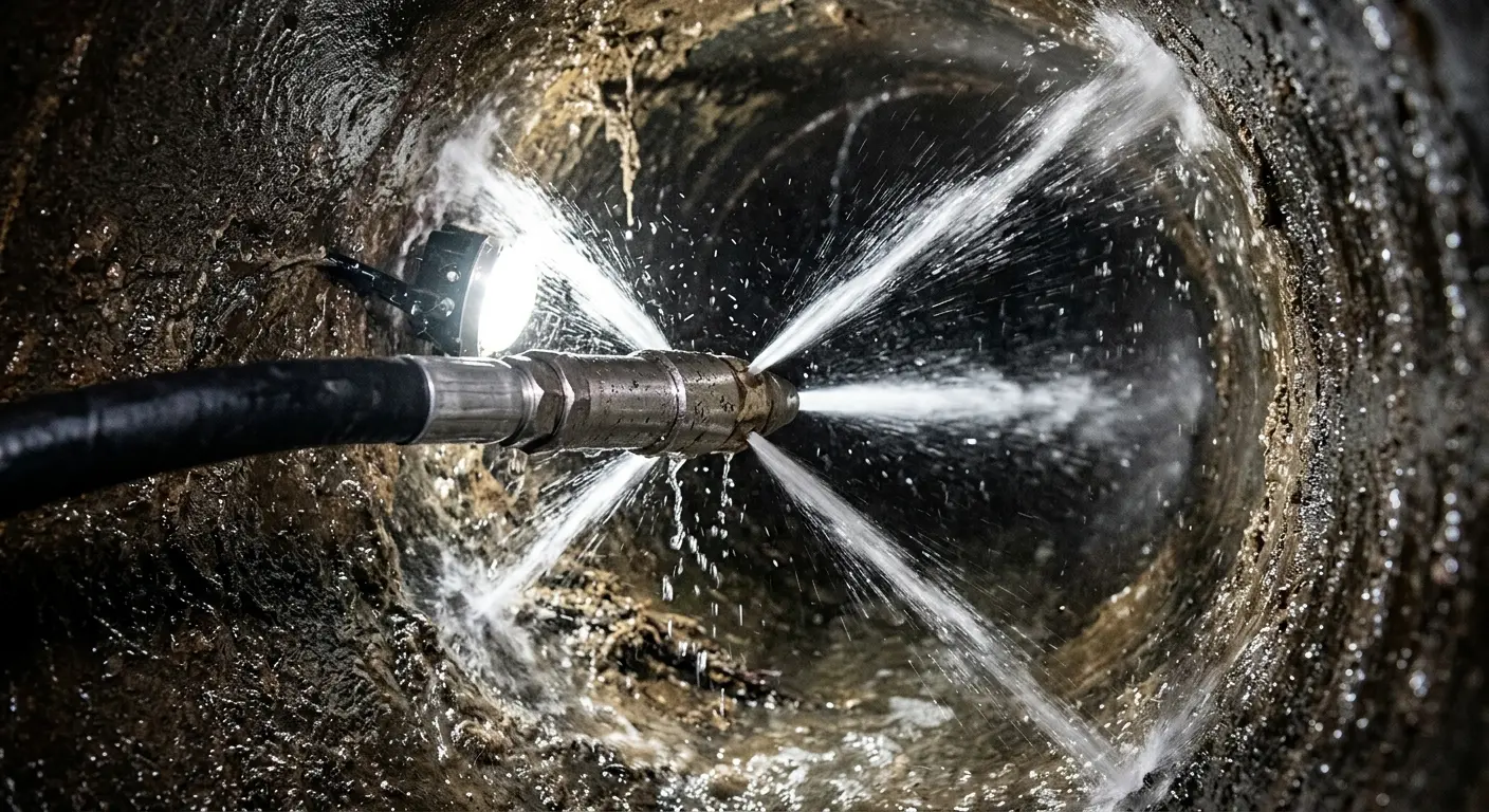 High-pressure hydro jetting nozzle cleaning sewer pipe for Emergency Drain Service in St. Andrews