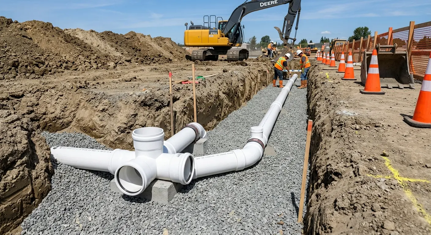 New PVC sewer pipe installation in open trench for Sewer Backup in St. Andrews