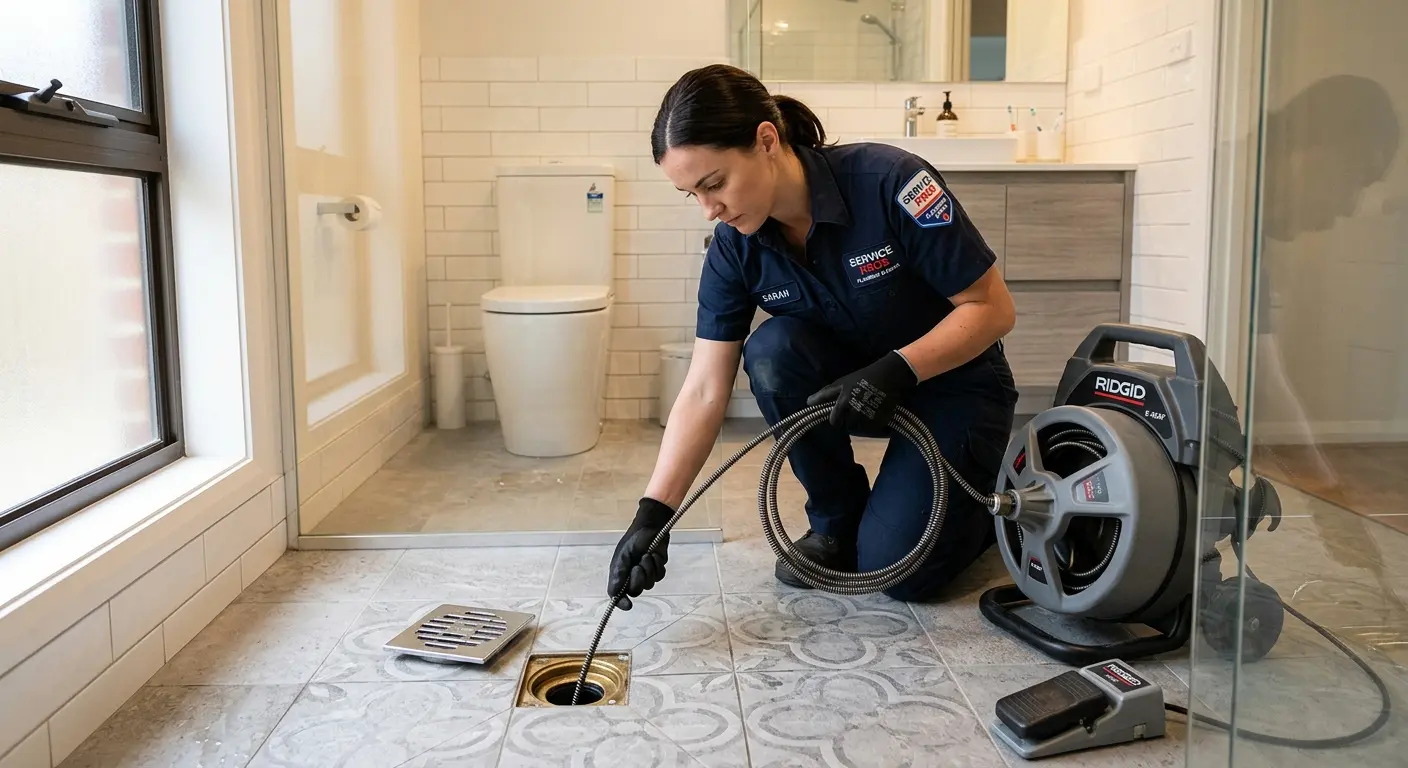Technician clearing a bathroom floor drain for Sewer Line Replacement in St. Andrews